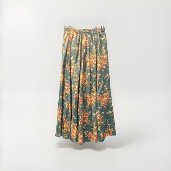 Laura Ashley Vtg Green Floral Pull On Midi Skirt w Pockets Sz M Floral Boho - Picture 1 of 6